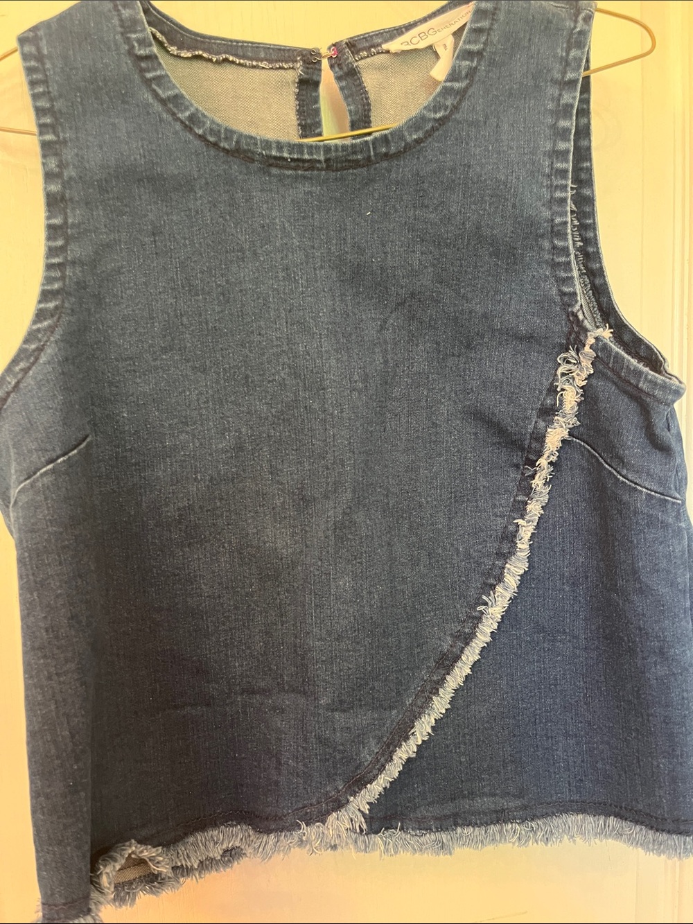 BCBGeneration Blue Denim Crop Top with Frayed Hem